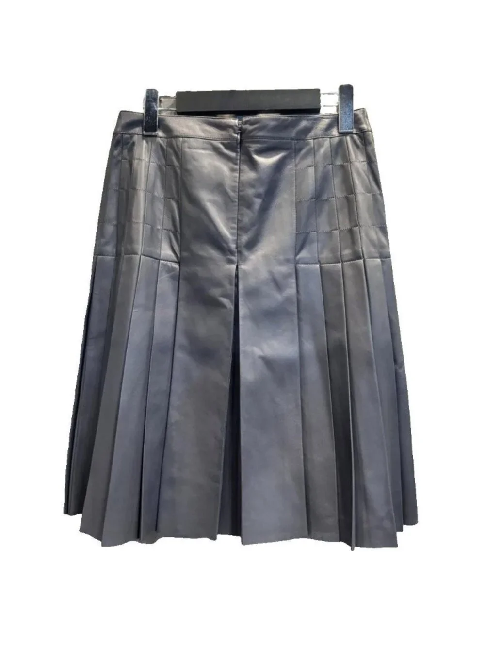 Chanel Leather Flare Skirt Knee Length CC Logo Pleats Lambskin 38 Gray